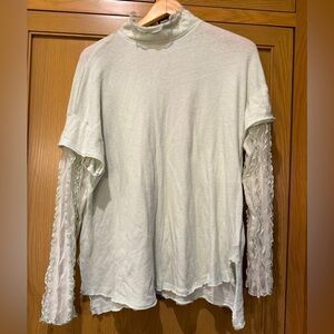 Free People Palest Mint Green Turtleneck Sheer Ruffle Arms Dropped Shoulder xsm